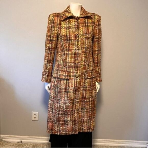 Vintage Tweed Long Coat Red, Black and Yellow Size S-M - Picture 9 of 10